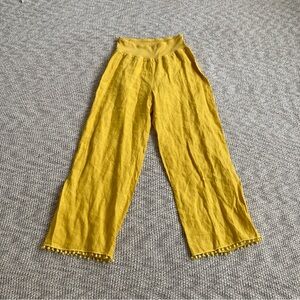 Three Dots Womens Linen Blend Pom-Pom Wide Leg Pants Yellow SZ Small Resortwear